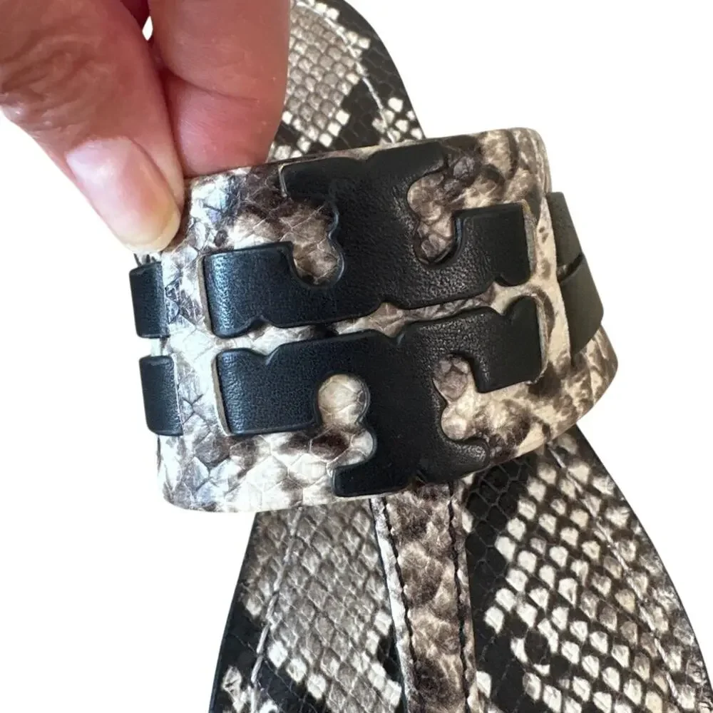 Tory Burch Leigh Thong Sandals 8.5 Roccia Snakeskin Black Logo